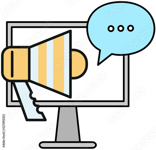Online chat message notifications with computer, sms communication, virtual discussion, ad with megaphone, advertising, monitor and chatting bubble speeches, concept of speak, conversation, dialog