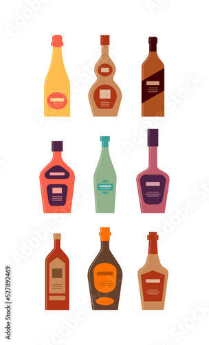 Bottle of champagne whiskey brandy liquor martini cognac rum. Graphic design for any purposes. Flat style. Color form. Party drink concept. Simple image shape