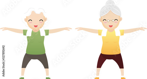 Elderly people exercising. Active healthy workout aged people. Old woman making morning exercises.