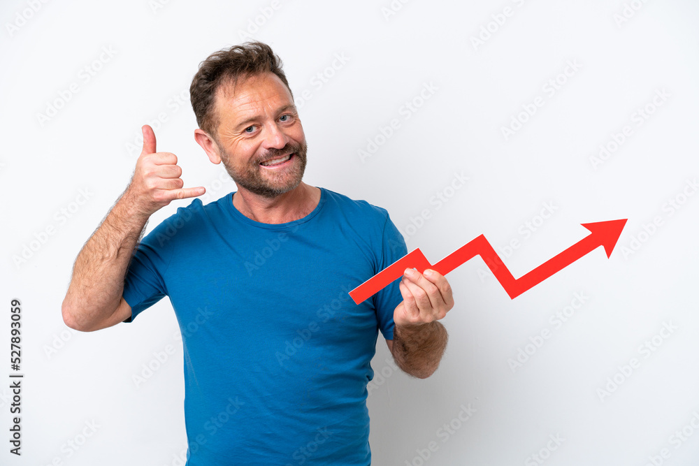 Middle age caucasian man isolated on white background holding a catching a rising arrow and doing phone gesture Middle age caucasian man isolated on white background holding a catching a rising arrow and doing phone gesture