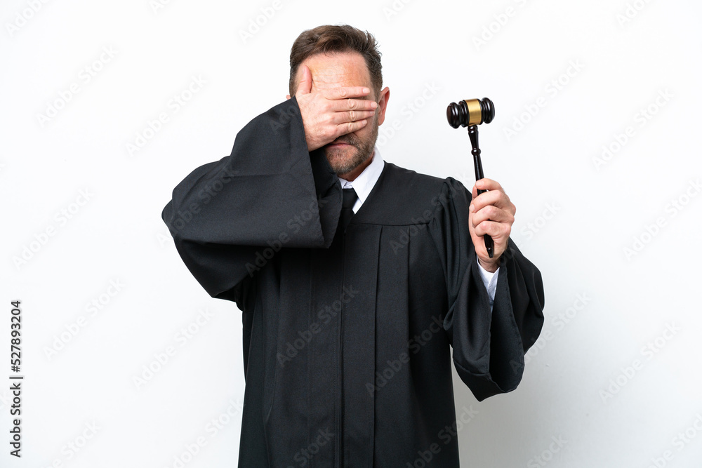 Middle age judge man isolated on white background covering eyes by hands. Do not want to see something Middle age judge man isolated on white background covering eyes by hands. Do not want to see something