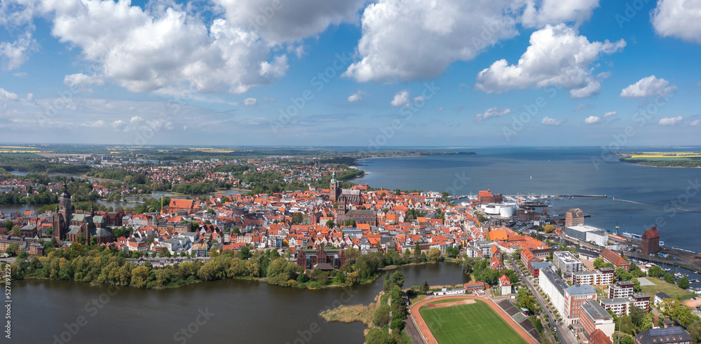 Skyline panorama of Stralsund, Mecklenburg-Vorpommern, Germany. Aerial summer cityscape