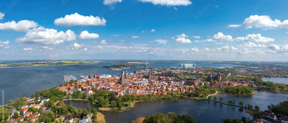 Skyline panorama of Stralsund, Mecklenburg-Vorpommern, Germany. Aerial summer cityscape