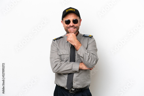 Middle age security man isolated on white background with glasses and smiling
