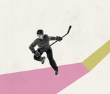 Retro style design. Contemporary art collage of hockey player in motion isolated over pastel color abstract background. Concept of sport