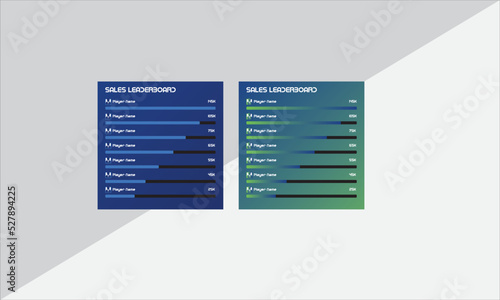 Most valuable player card with leaderboard. Top players score screen. Game ranking holographic leaderboard. Winners' virtual chart with statistics. Best players of all time. Hall of fame. Eps10 vector