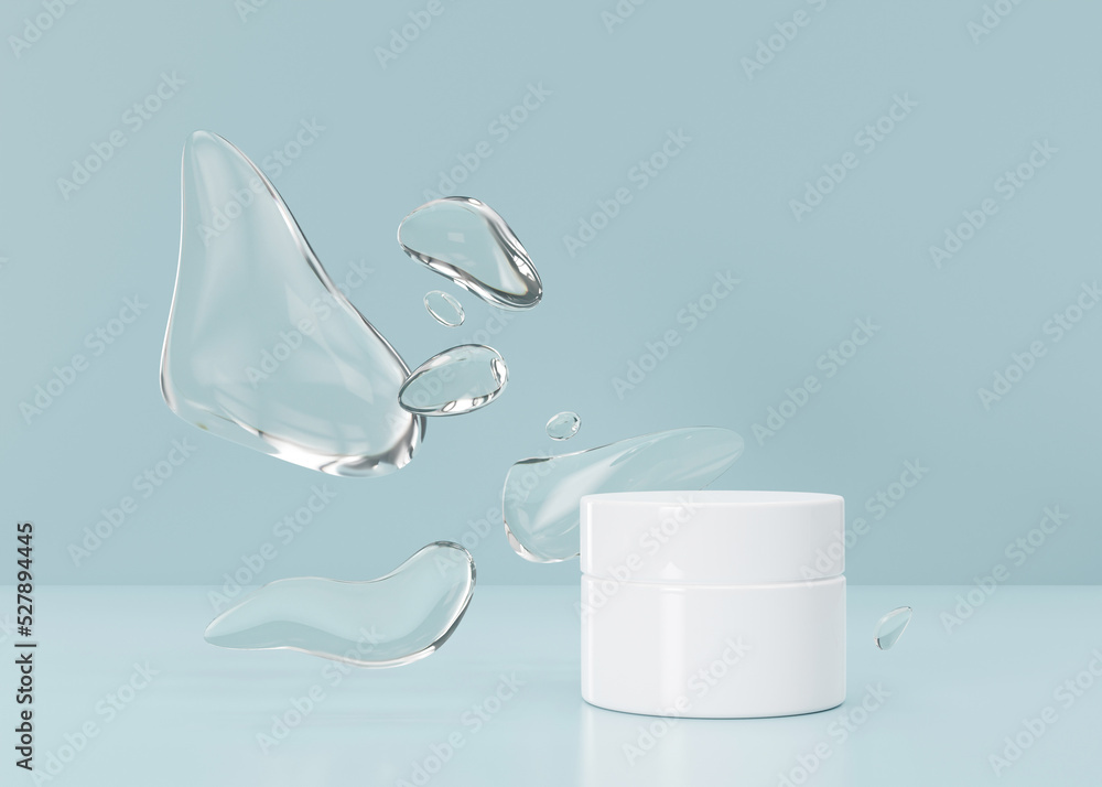 White, blank, unbranded cosmetic cream jar with abstract water forms on blue background. Skin care product presentation. Elegant mockup. Skincare, beauty and spa. Jar with copy space. 3D rendering. - obrazy, fototapety, plakaty 