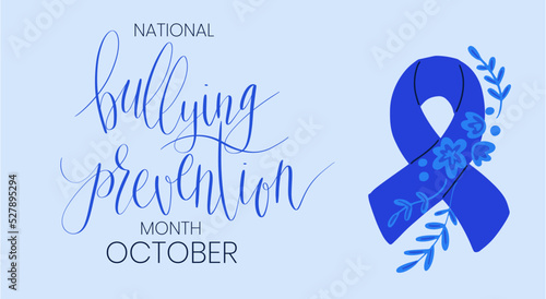National Bullying Prevention Month October web banner. Blue support and awareness ribbon symbol. Vector illustration