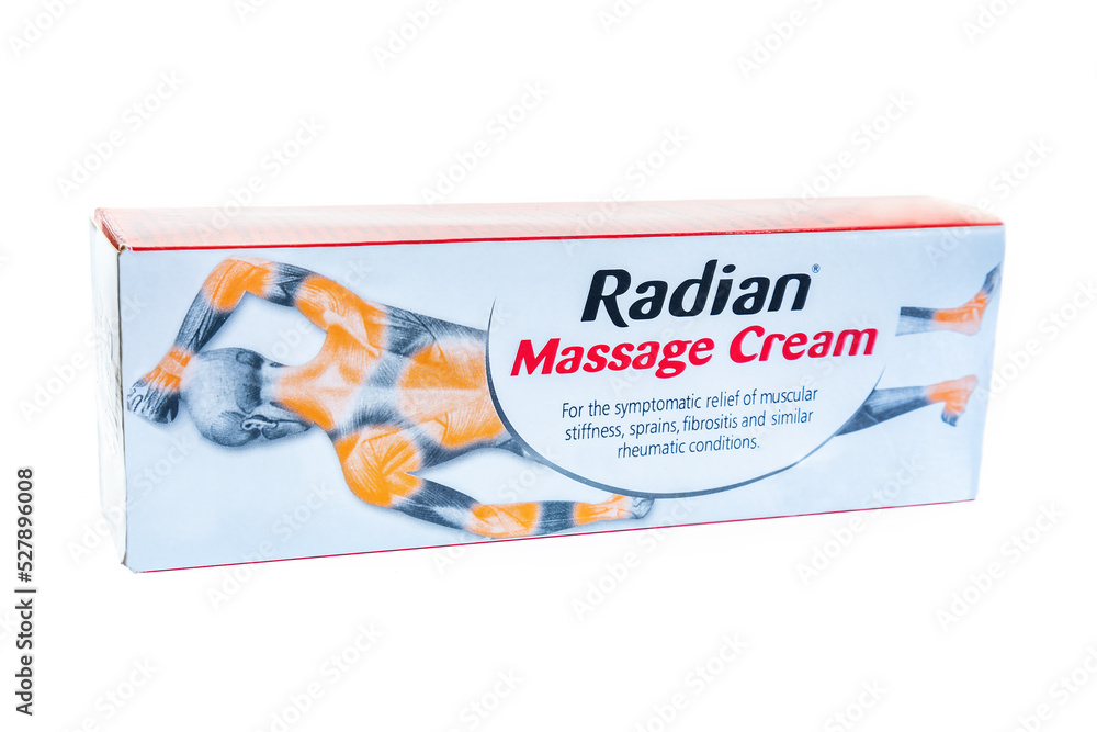 Huelva, Spain September 2, 2022 Radian Massage Cream is used for