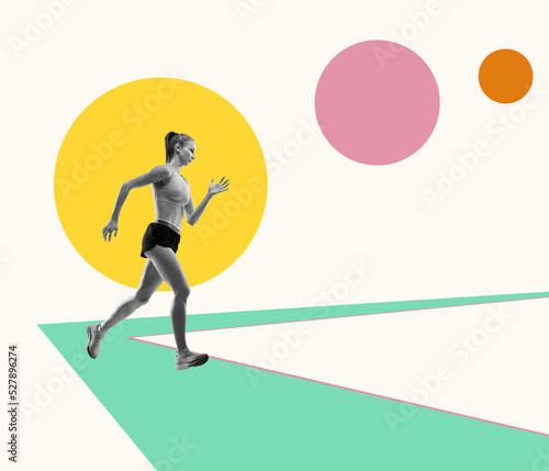 Professional runner, jogger on abstract colorful background. Modern design, contemporary collage. Inspiration, idea, magazine style, fashion and style.