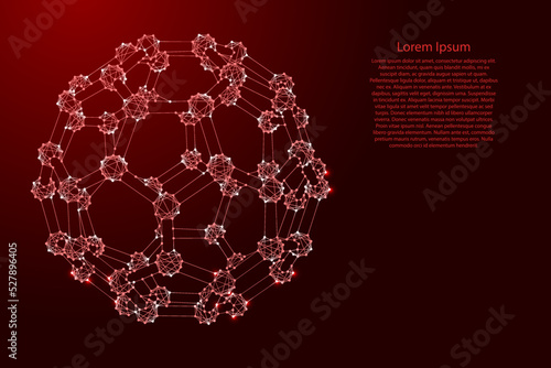 Fullerene, a molecular compound, structure from carbon atoms, from futuristic polygonal red lines and glowing stars for banner, poster, greeting card. Vector illustration.