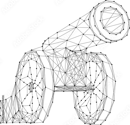 Cannon, old artillery piece for firing cores, from abstract futuristic polygonal black lines and dots. Vector illustration.