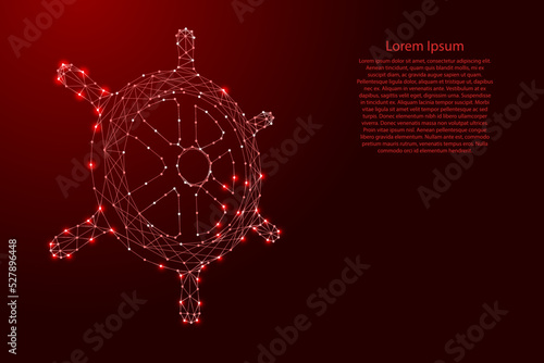 Ship's steering wheel from futuristic polygonal red lines and glowing stars for banner, poster, greeting card. Vector illustration.