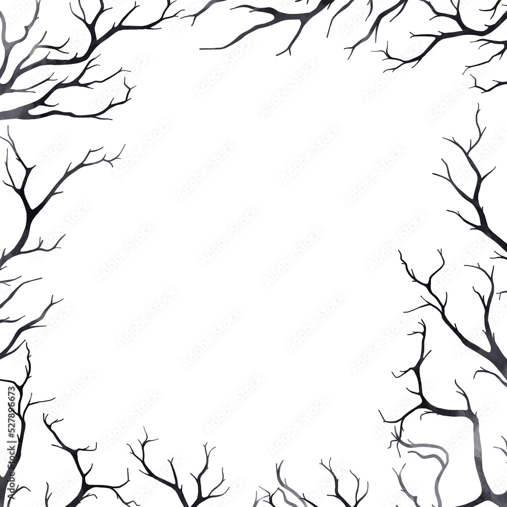 Botanical border PNG with transparent background, old dry tree branches, dark frame on white, perfect for Halloween Botanical border PNG with transparent background, old dry tree branches, dark frame on white, perfect for Halloween