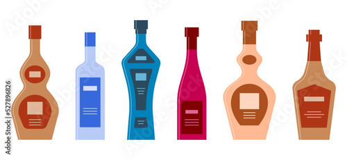 Bottle of whiskey vodka gin wine cognac rum in row. Graphic design for any purposes. Flat style. Color form. Party drink concept. Simple image shape