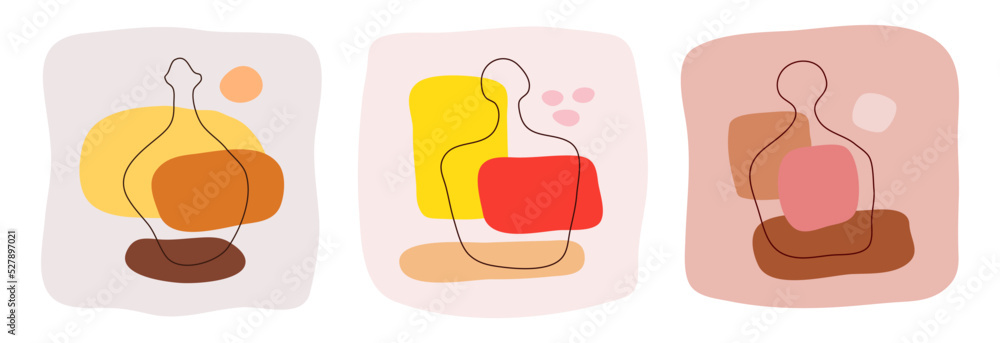 Whiskey, liquor, and rum bottle on abstract background. Hand drawn doodle various shapes, spots. Contemporary modern trendy illustration. Minimalistic сoncept of alcoholic beverages in flat style