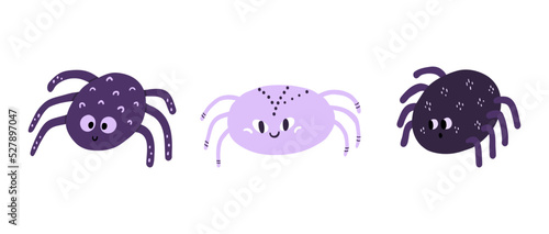 Set of cute Halloween spiders. Cartoon smiling arachnid collection. Funny spooky tarantula characters. Happy Helloween comic insects. Flat vector illustration isolated on white background