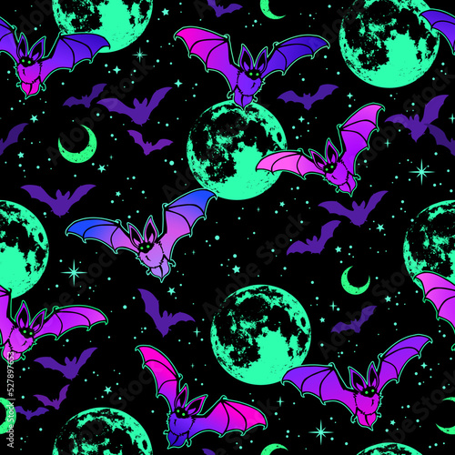 seamless illustration of cartoon bats on the background of a bright full moon