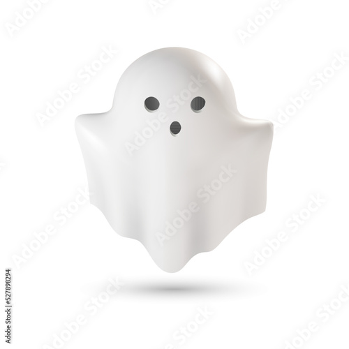 3D realistic design of a cute funny cartoon ghost with a scary emotion on a face. Vector illustration. Isolated clipart with traditional decorative element for Helloween