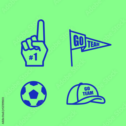 Set of vector icons for sports and football championship. Illustration of soccer logos world tournament. Football, cap, flag, foam glove, trophy cup.
