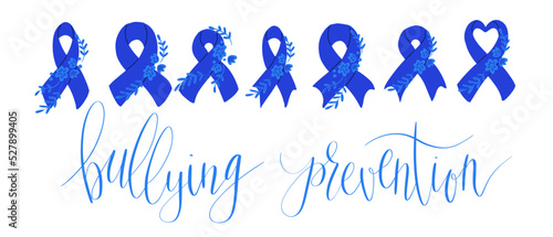 National Bullying Prevention Month October web banner. Blue support and awareness ribbon symbol. Vector illustration