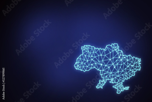 Neon polygonal illustration of the territory of Ukraine on a dark background with copy space. 2d image of contours of Ukraine with space for text on a black and blue background