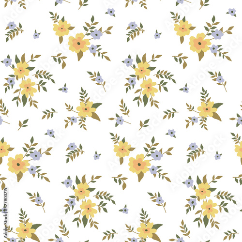 Seamless floral pattern, cute ditsy print with vintage motifs. Pretty botanical surface design with small flowers, leaves in an abstract composition on a white background. Vector illustration. © Yulya i Kot