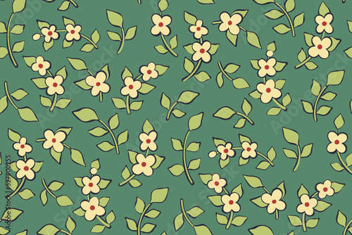Seamless floral pattern, cute retro style ditsy print with small flowers branches on green. Pretty botanical background design with hand drawn plants: flowers, leaves on branches. Vector.