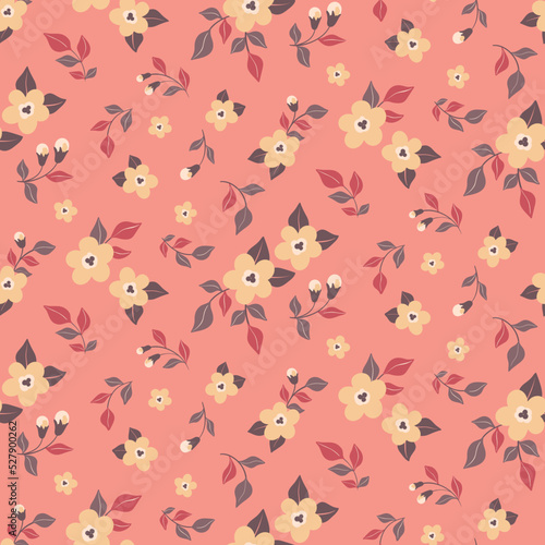 Seamless floral pattern  pretty ditsy print with liberty meadow  small decorative plants on a pink background. Cute botanical surface design with small flowers  leaves in delicate colors. Vector.