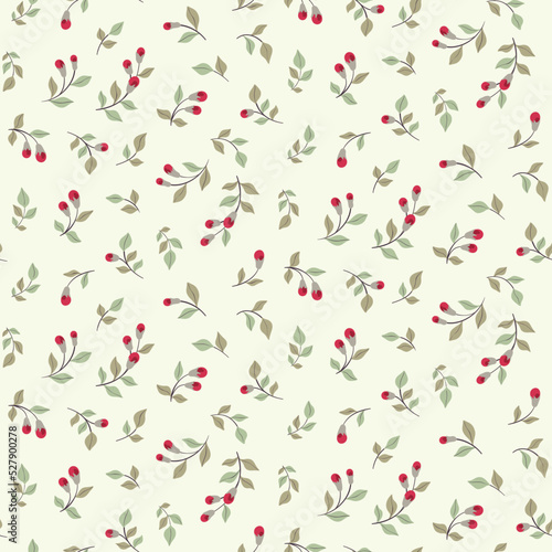 Seamless botanical pattern with small flowers, leaves, twigs in an abstract composition on a white background. Trendy floral pattern with tiny hand drawn wild plants. Vector illustration.