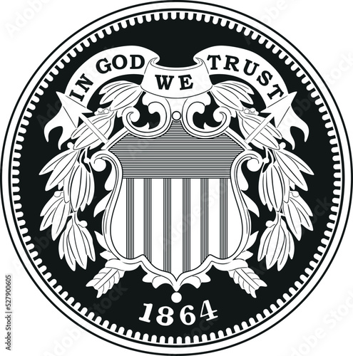 vintage american dollar 2 cent year 1864 black design handmade silhouette vector