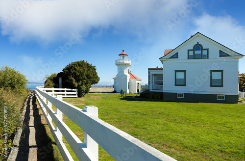 Mukilteo Lighthouse on a sunny day. The lighthouse is an operational navigation aid located on the east side of Possession Sound at Mukilteo, Snohomish County, Washington.