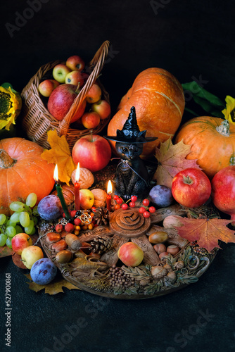 wiccan altar. wheel of the year, witch black cat toy, fruits, candles, pumpkins on dark background. witchcraft ritual for autumn holiday - Mabon, Halloween, Samhain. esoteric, occultism concept