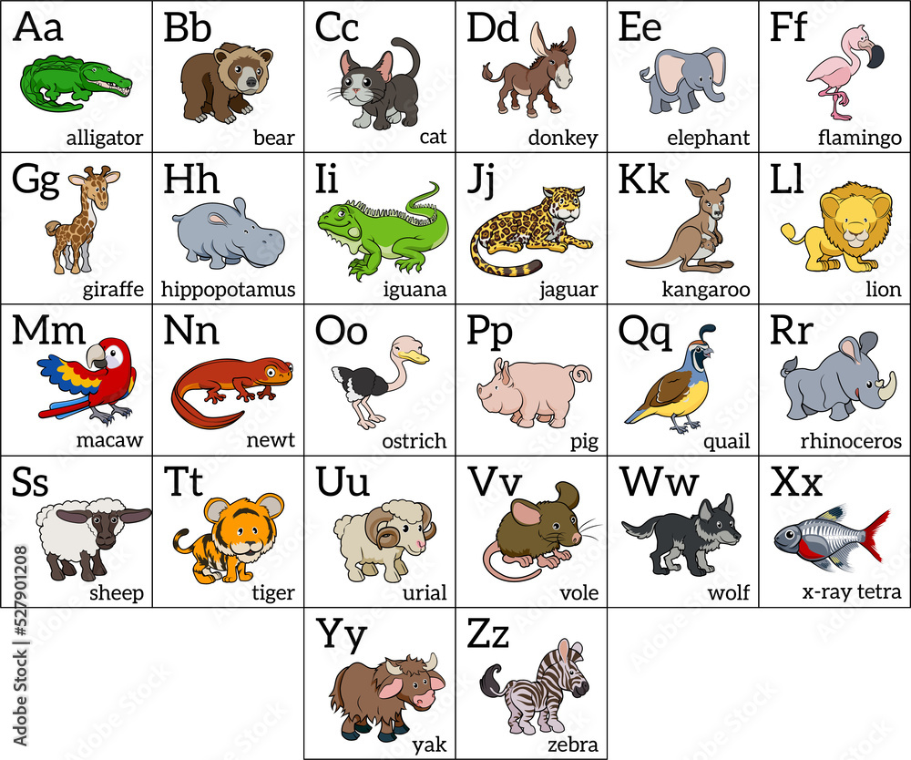 Cartoon Animal Alphabet Chart Stock Illustration | Adobe Stock