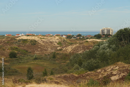 view of the sand dunes and in the background the sea and the city