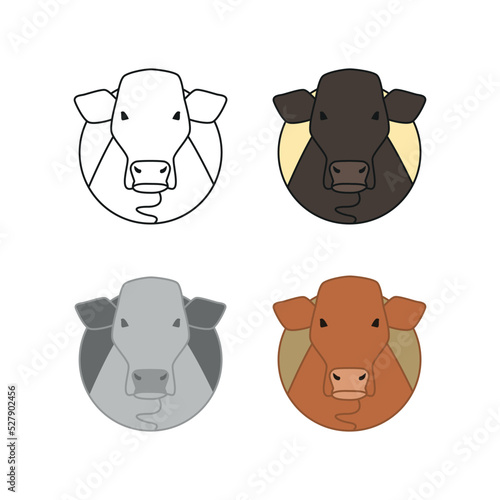 Set of vector line drawing illustrations of cow, ox, cattle, bull, oxen. Icon logo can be used online, prints, advertisement.