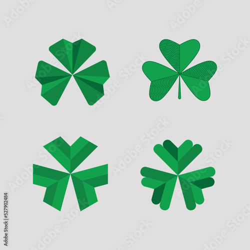 Pack of Celtic green shamrock logo. Geometric Irish symbol of fortune and luck. Special logo for celebration, holidays and company use.
