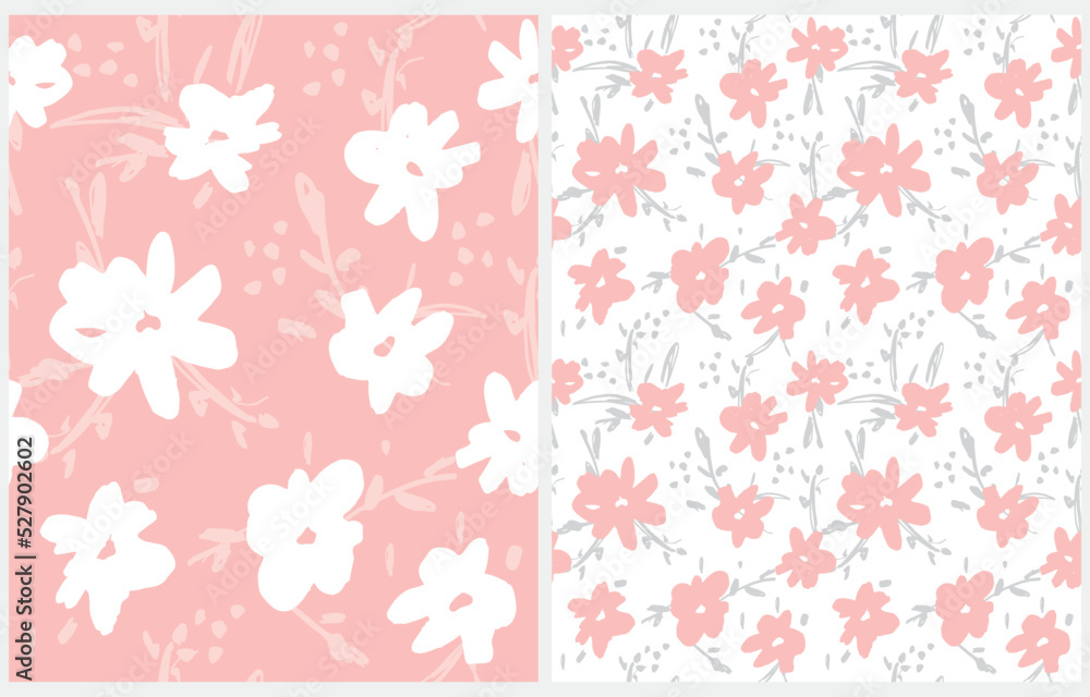 Simple Hand Drawn Irregular Floral Vector Patterns.Freehand Brush Flowers isolated on a White and Pastel Pink Background. Infantile Style Abstract Garden Print ideal for Fabric, Textile. Simple Hand Drawn Irregular Floral Vector Patterns.Freehand Brush Flowers isolated on a White and Pastel Pink Background. Infantile Style Abstract Garden Print ideal for Fabric, Textile.