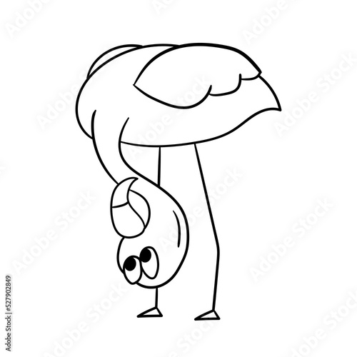 Cute cartoon flamingo with upside down head. Hand drawn style. Element for children design. One of the set. Coloring
