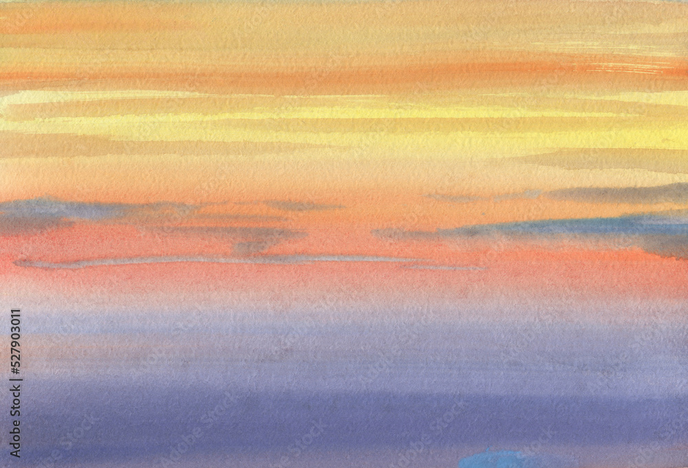 Naklejka premium Fiery Sunset Hot Summer Watercolor Abstract Background.