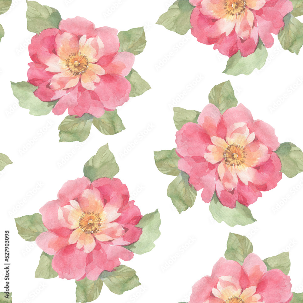 Seamless floral pattern of peony flowers, gentle pastel colors on a white background. Abstract watercolor drawing of green and pink shades.