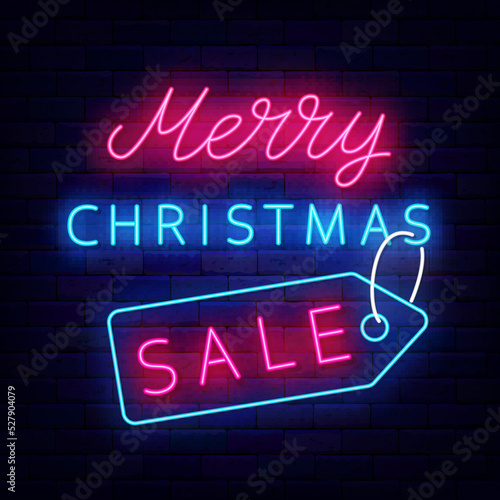 Merry Christmas sale neon signboard. Special offer promotion. Season greetings. Vector stock illustration