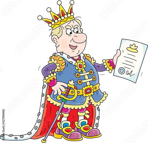 Funny angry king in a golden crown reading aloud his important royal decree, vector cartoon illustration isolated on a white background