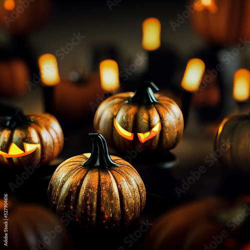 Halloween night background with a cemetery and pumpkins and moon. High detailed realistic illustration 