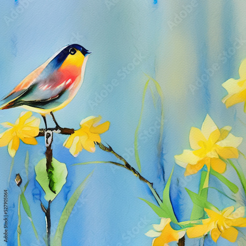 Watercolor artistic painting of bird and spring flower. Hand drawing big size print for decoration, design, poster, creative artwork © Avgustus
