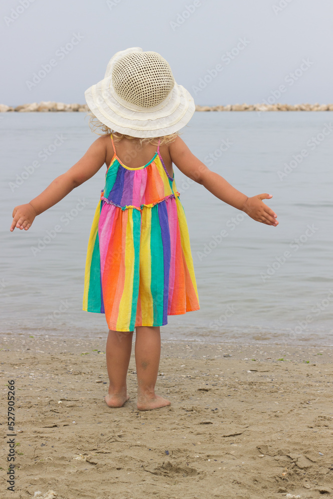 Little girl stay by the sea and watching forward,back view,toddler in colorful dress and hat on the beach,alone child near water.