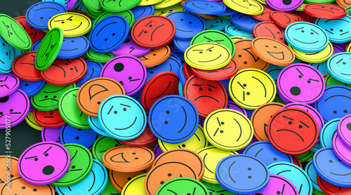 Many round and colored faces with different emotions lie on top of each other - 3d illustration photo