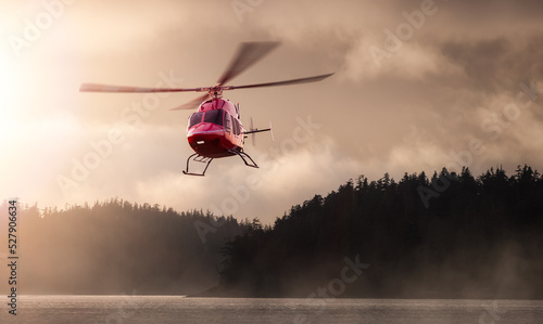 Helicopter Flying over the West Coast Pacific Ocean. Extreme Adventure Composite. 3D Rendering Heli. Background Image from Tofino  Vancouver Island  British Columbia  Canada. Dramatic Sunset