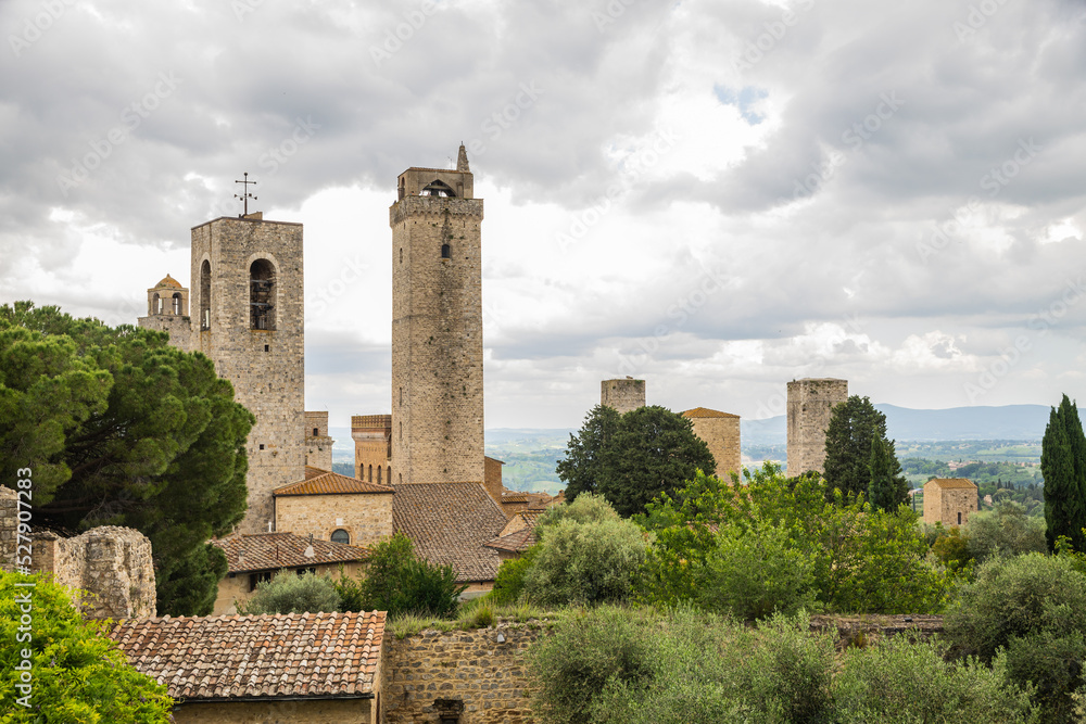 The towers of the small medieval hilltop town of San Gimignano in Tuscany, Italy, Europe.