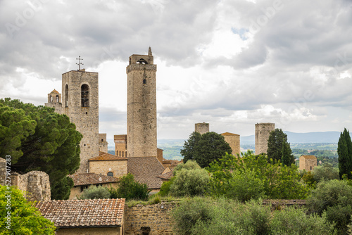 The towers of the small medieval hilltop town of San Gimignano in Tuscany, Italy, Europe.